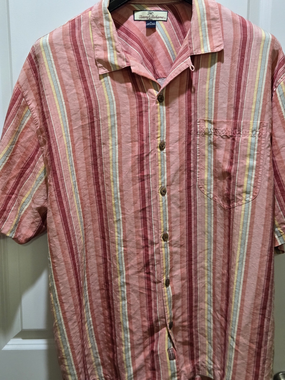Tommy Bahama 100% Silk Pink and Yellow Striped Short-Sleeve Camp Shirt